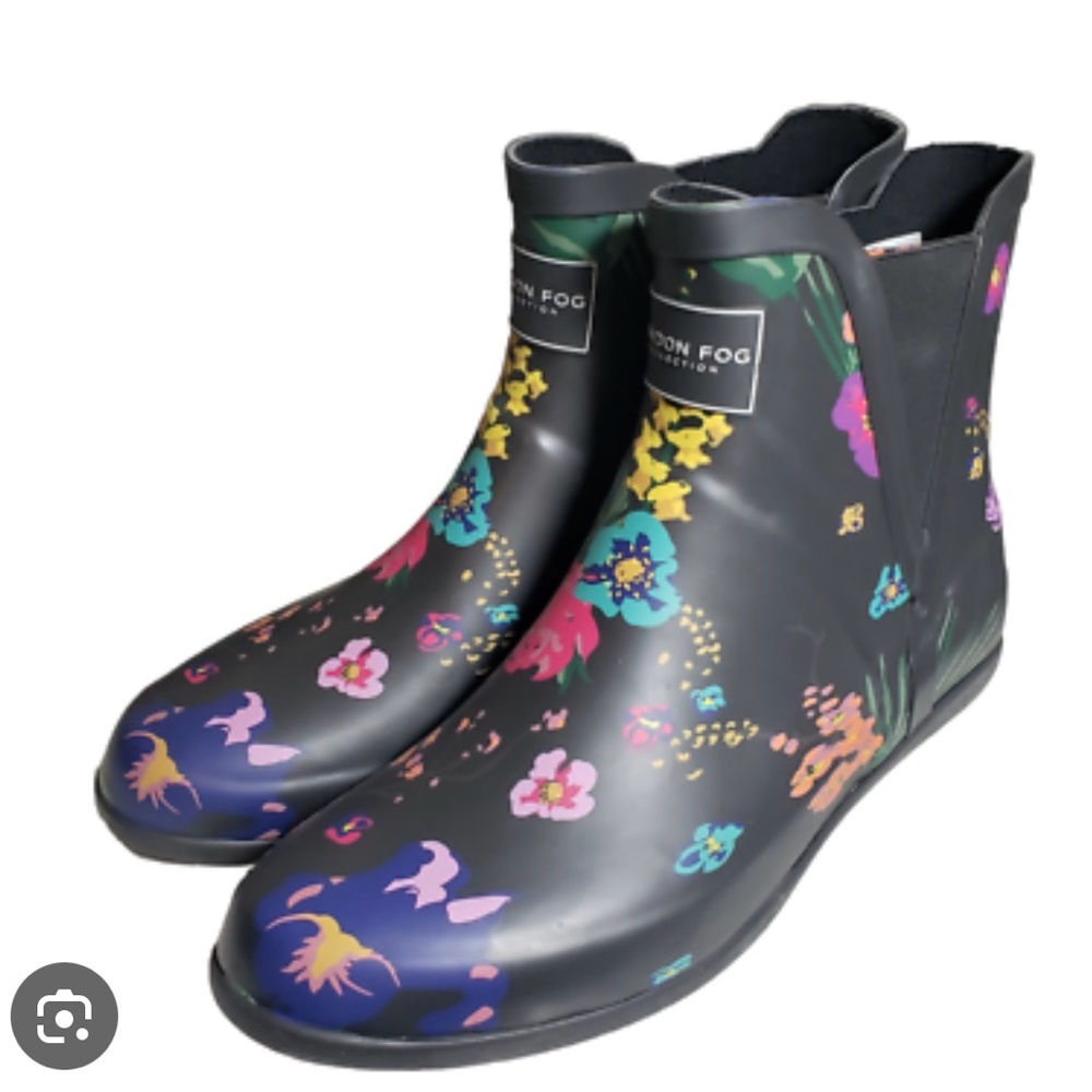 London Fog Black Floral Rain Ankle Boots